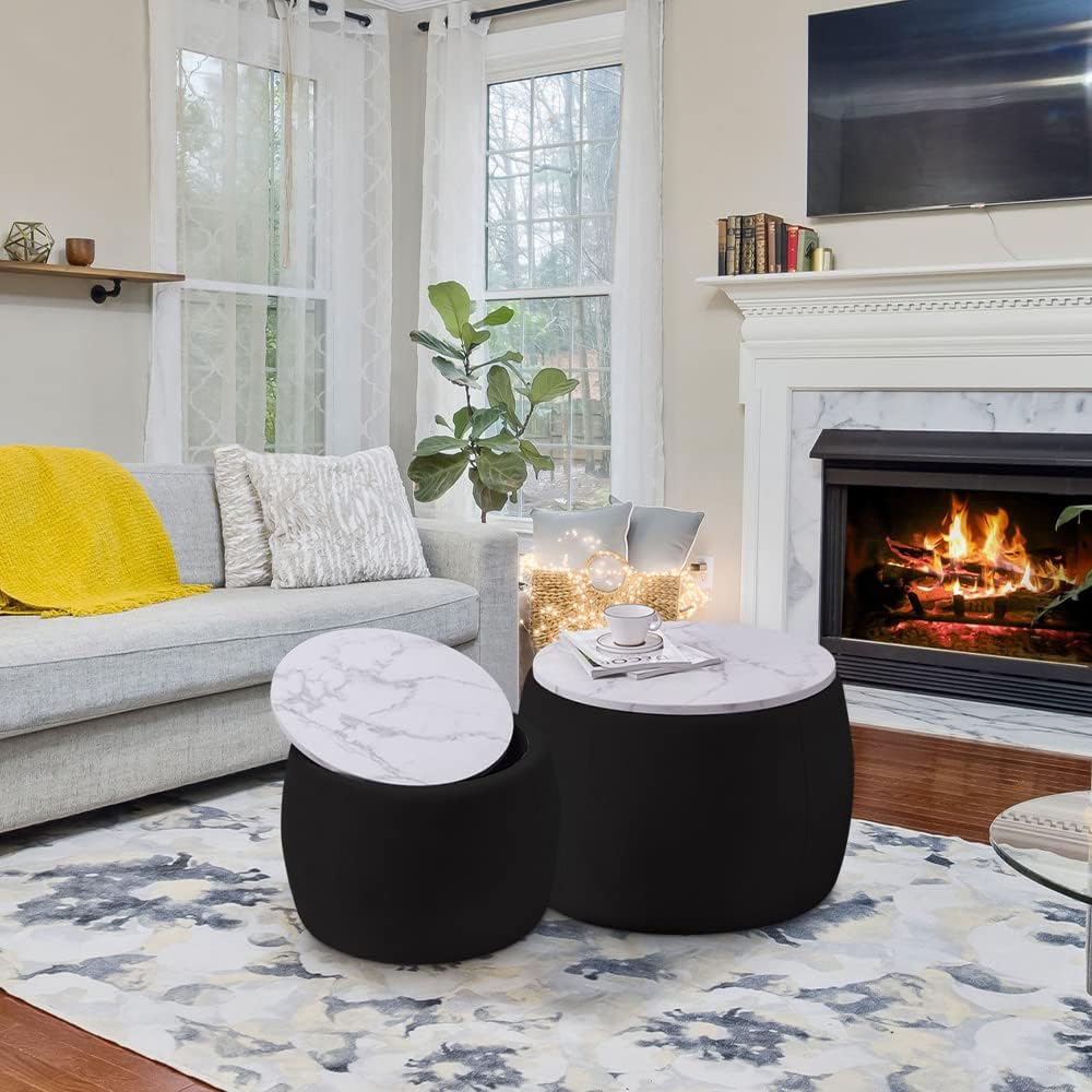 Black Round Coffee Table Set of 2 Nesting Storage Ottoman Velvet Fabric R958241