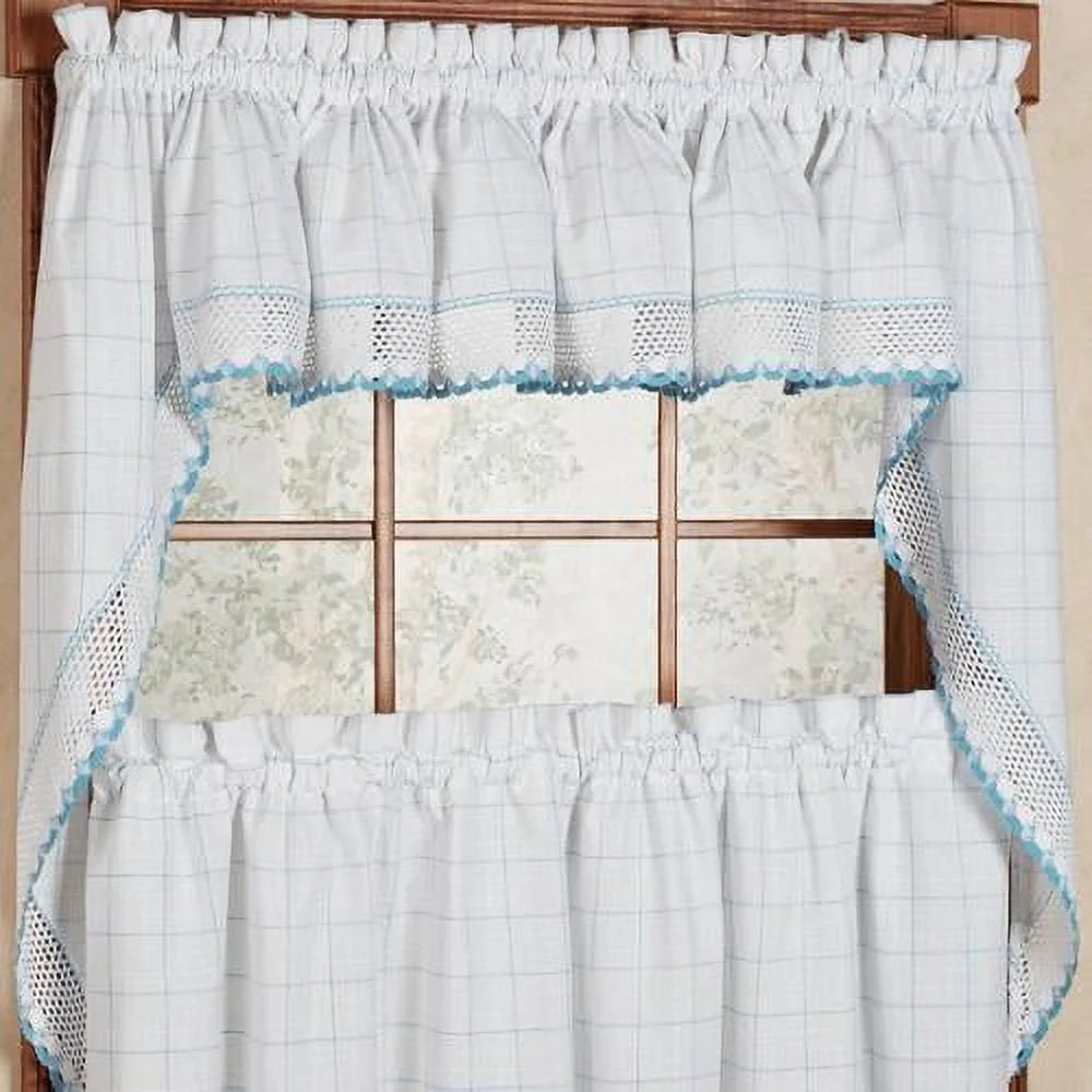 Cotton White Blue Window Pane Pattern Tiers Swags Valance 38 x 60 Q319619