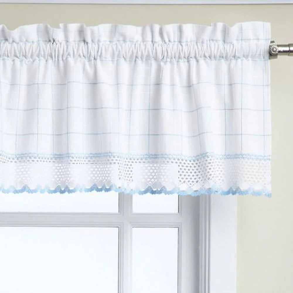 Cotton White Blue Window Pane Pattern Tiers Swags Valance 38 x 60 Q319619