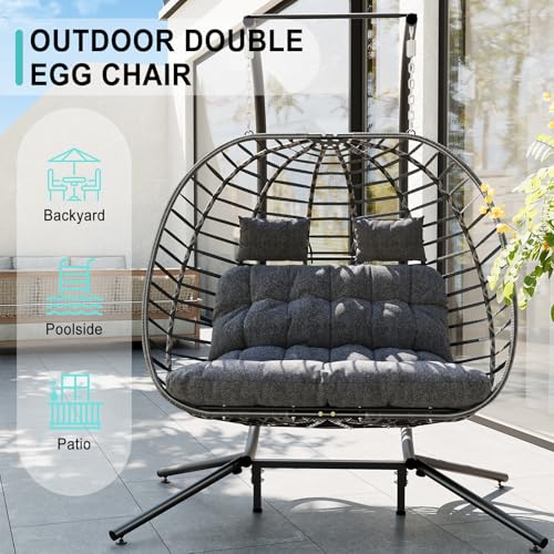 Double Egg Swing Chair with Stand, 2 Person Hanging Wicker Hammock Chairs with Cushion, Dark Grey E942