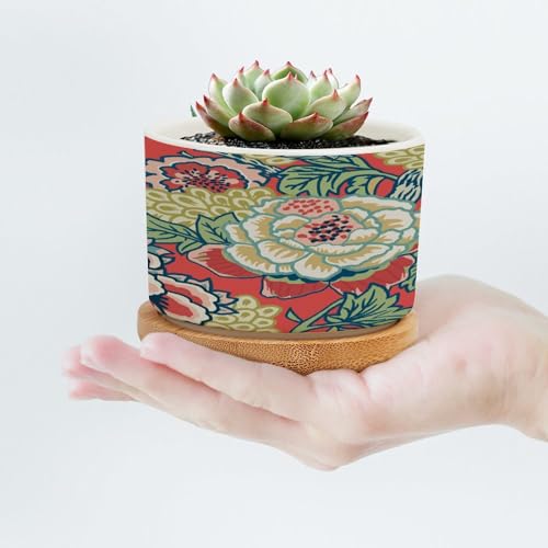 Pink and Blue Ceramic Round Flower Pots with Drainage Holes and Bamboo Tray I636