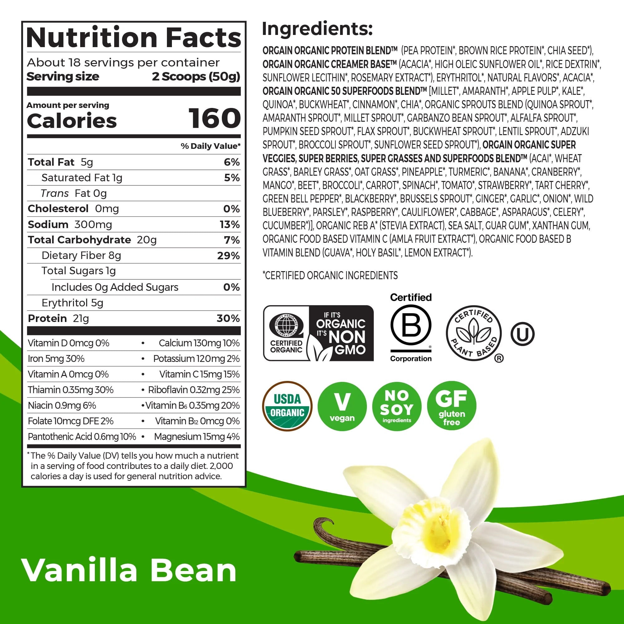 Vanilla Bean 21g Protein Plant Based Protein Powder K5040
