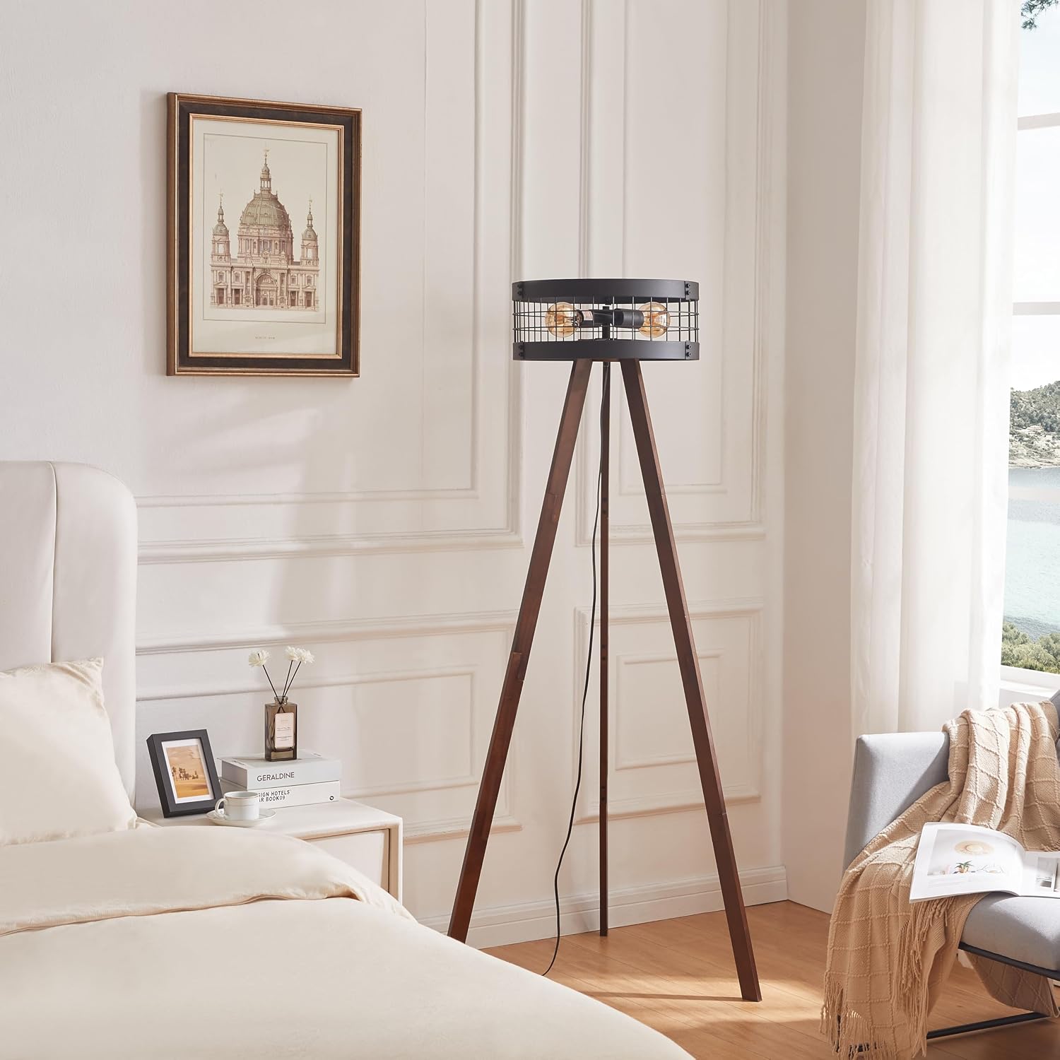 Wood Tripod Floor Lamp with Metal Drum Lamp Shade G830