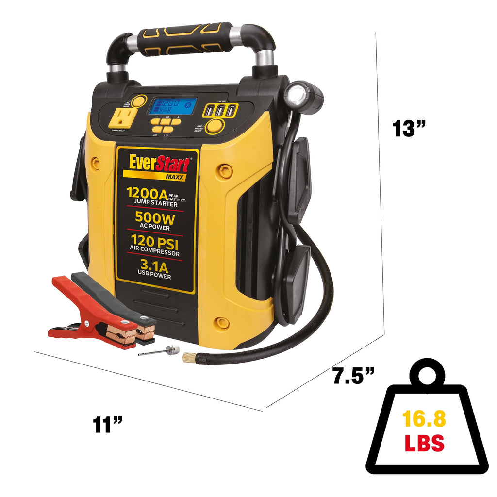 1200 Peak Amps Jump Starter with 500W Inverter and 120 PSI Compressor Q83425