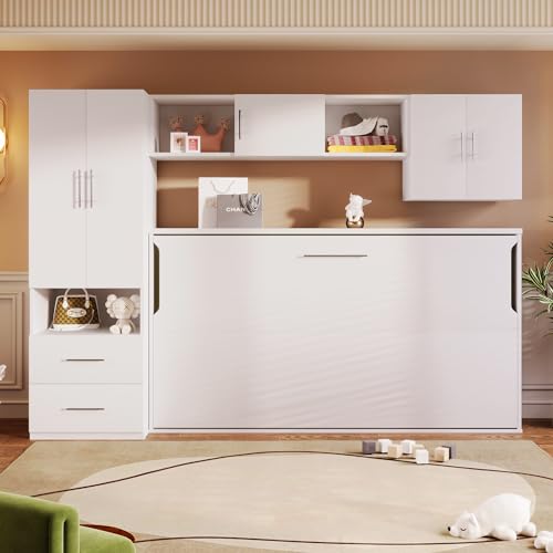 Twin Size Wood Murphy Bed with Storage Shelves and Drawers V339178