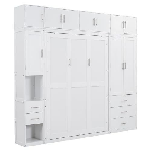 Twin Size Wood Murphy Bed with Storage Shelves and Drawers V339178