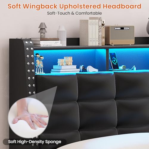 Full Size Upholstered Bed Frame with Headboard and 4 Drawers, Grey I66668