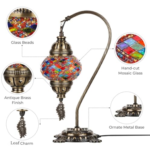 Turkish Moroccan Mosaic Table Lamp Handcrafted Tiffany-Style Colorful Glass Swan Neck Bedside Desk Table Light Boho Artisan Accent Lighting 15" H Black White W746591