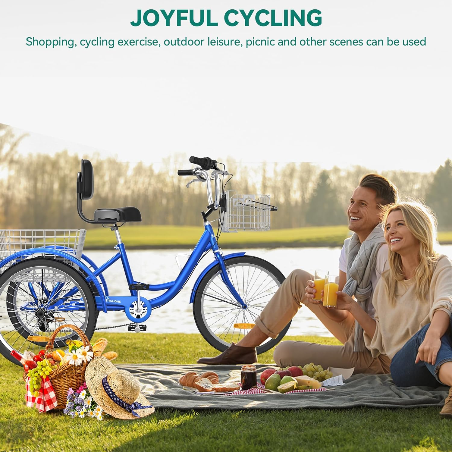 Blue 26 Inch 7 Speed 3 Wheel Tricycle with Removable Baskets P162911