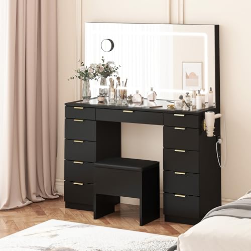 Vanity Desk with Sliding Lighted Mirror, Stool, 8 Storage Shelves, 5 Drawers, Charging Station L4156