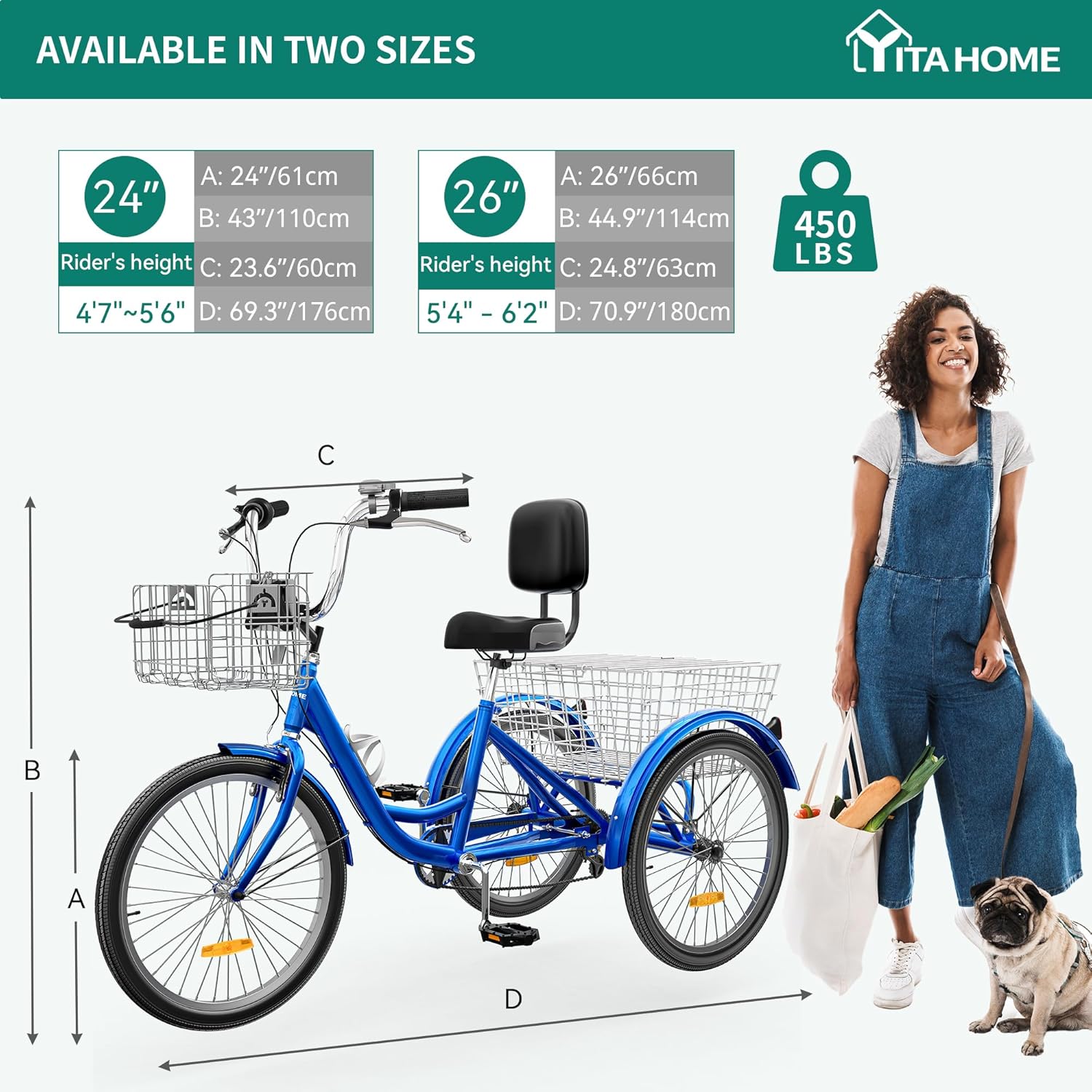Blue 26 Inch 7 Speed 3 Wheel Tricycle with Removable Baskets P162911