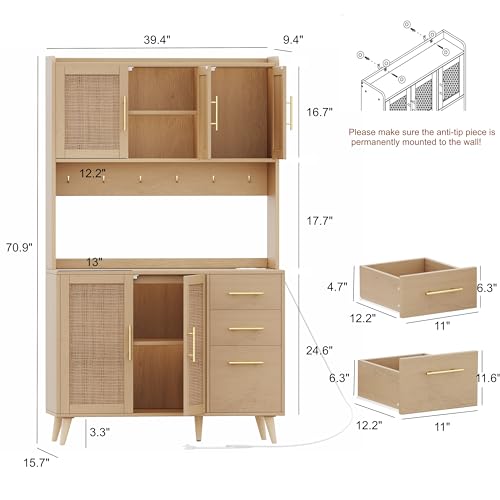 Black and Natural Tall Kitchen Pantry Cabinet with Microwave Shelf and Charging Station V384375