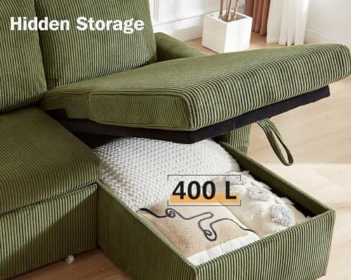 Corduroy Green L Shaped Sleeper Sofa with Pull Out Bed U5728