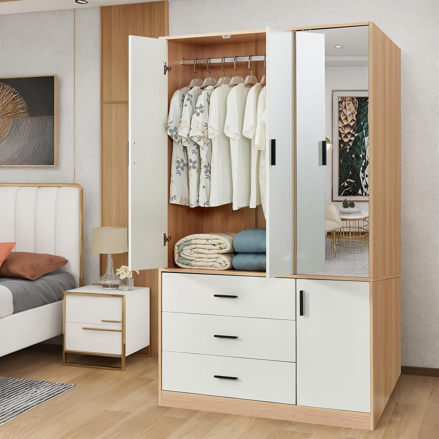 Wooden Wardrobe Closet with 3 Drawers and 2 Doors T7030