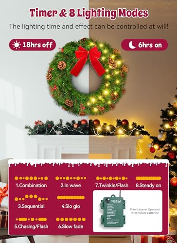 24 Inch Prelit Christmas Wreath with Pine Needles Branches Red Berry Pine Cones P733