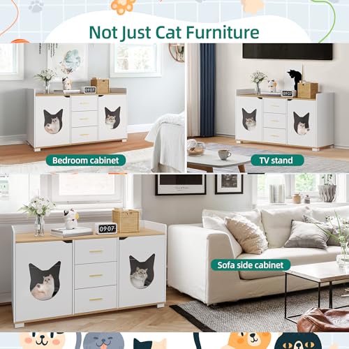White Wooden Cat Litter Box Enclosure with Drawers, 55" L x 19.7" W x 31.5" H R3956