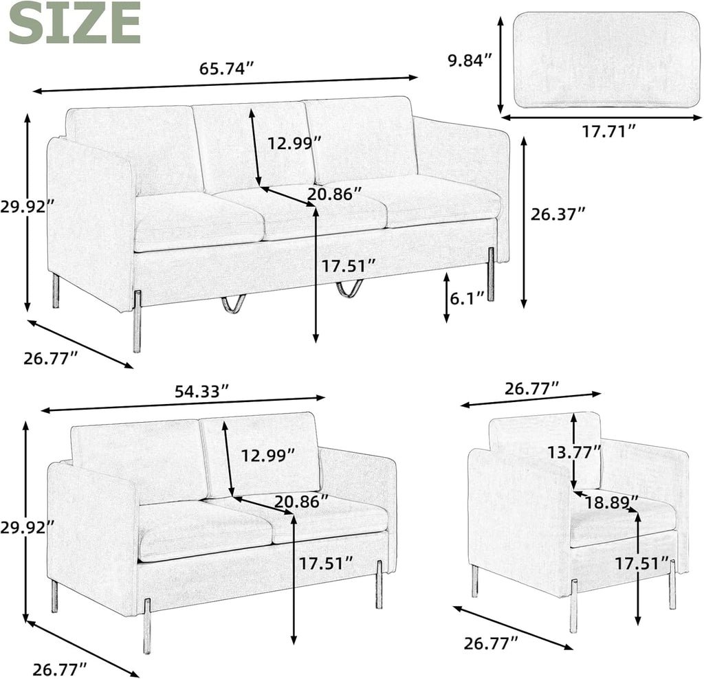 Grey 3 Pcs Upholstered Sofa Set with Pillows E982