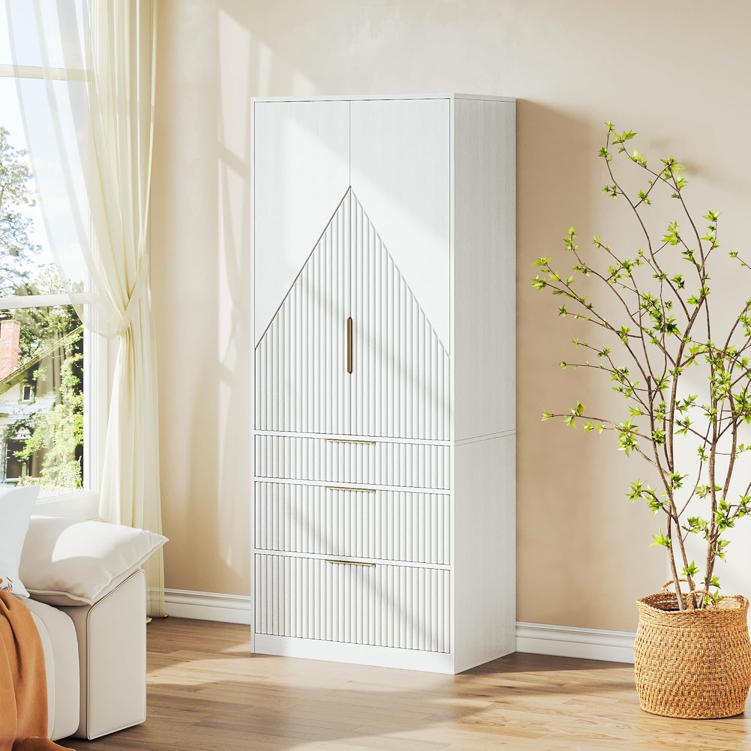 White Freestanding Wooden Wardrobe Armoire with 2 Doors and 3 Drawer J92224