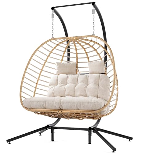 Double Egg Swing Chair with Stand, 2 Person Hanging Wicker Hammock Chairs with Cushion, Dark Grey E942