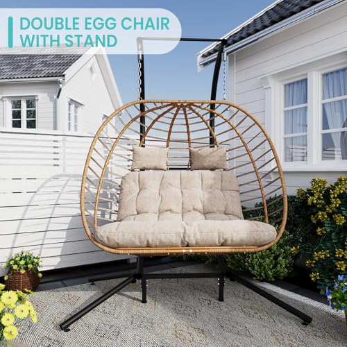 Double Egg Swing Chair with Stand, 2 Person Hanging Wicker Hammock Chairs with Cushion, Dark Grey E942