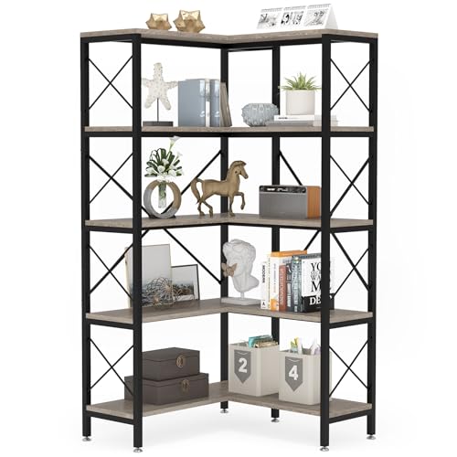 5-Shelf Corner Bookshelf with Metal Frame Grey C835