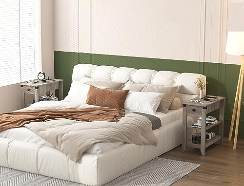Set of 2 Narrow Side Table with Charging Station and Storage Drawer Rustic Grey Z638692