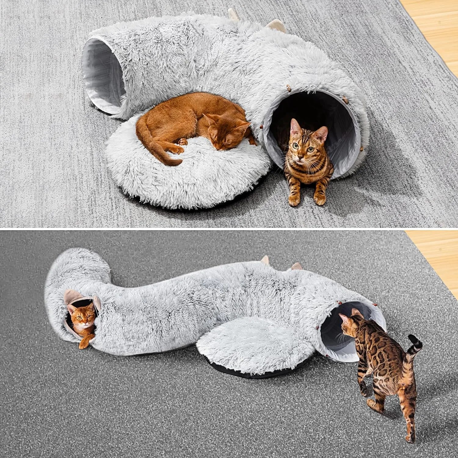Grey Plush Cat Tunnel with Cat Bed L163