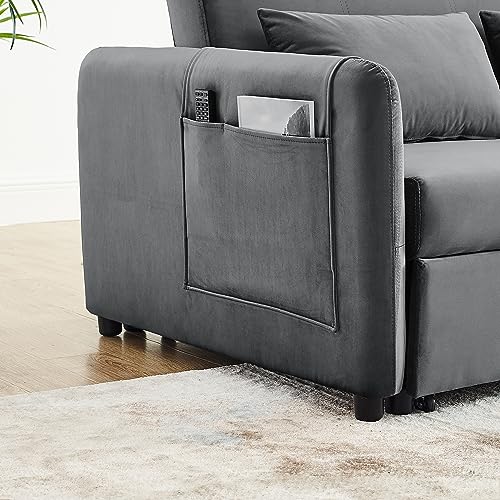 Grey Velvet Convertible Sofa Bed with Pull-out Bed H726479