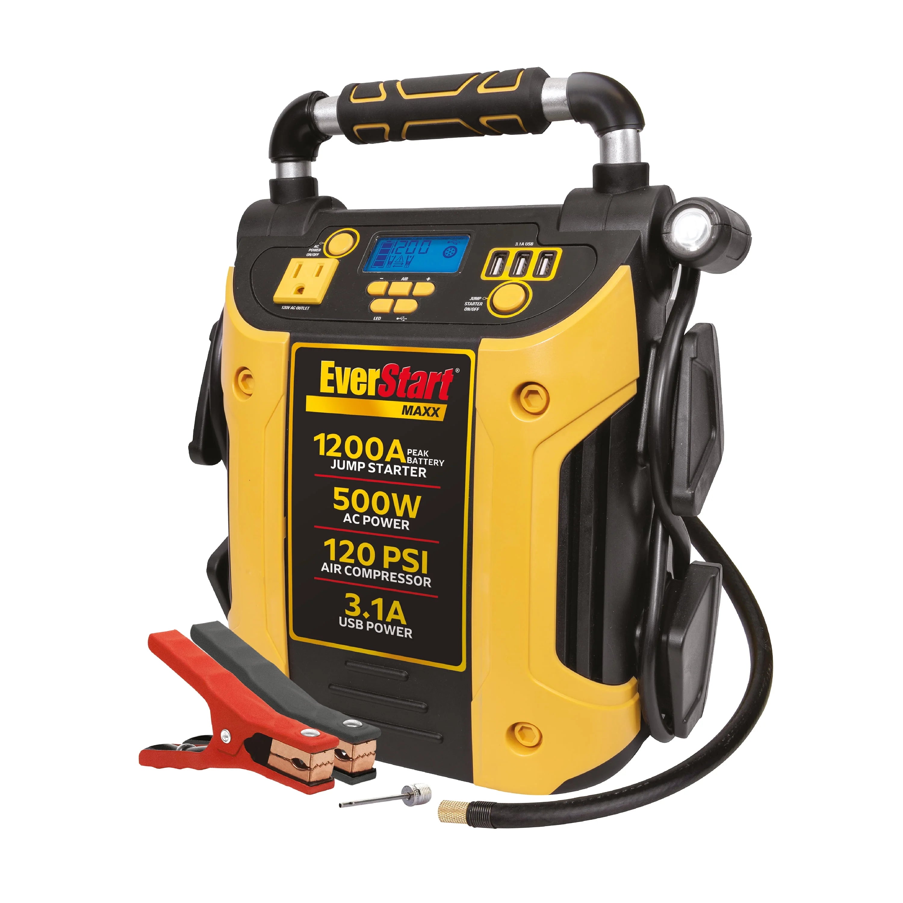 1200 Peak Amps Jump Starter with 500W Inverter and 120 PSI Compressor Q83425