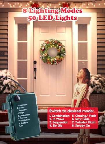 24 Inch Prelit Christmas Wreath with Pine Needles Branches Red Berry Pine Cones P733