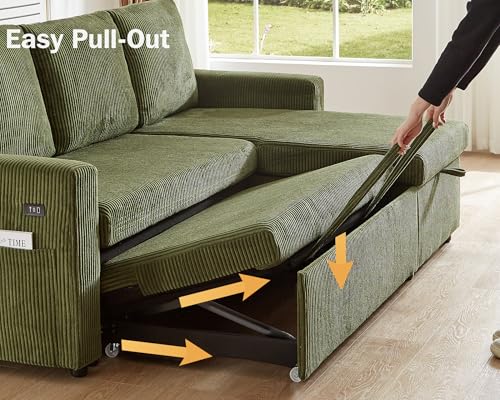 Corduroy Green L Shaped Sleeper Sofa with Pull Out Bed U5728
