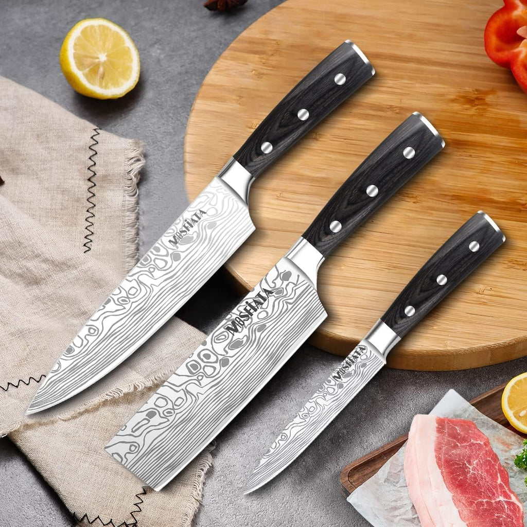 3 PCS German High Carbon Stainless Steel Chef Knife Set with Magnetic Knife Block A367368