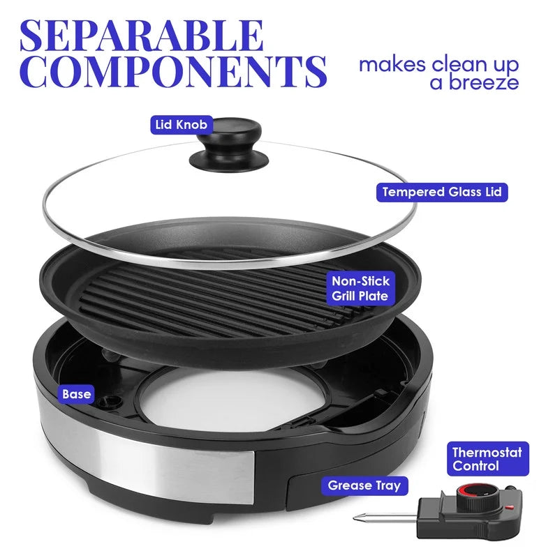 12" Indoor Electric BBQ Grill with Glass Lid Y5850