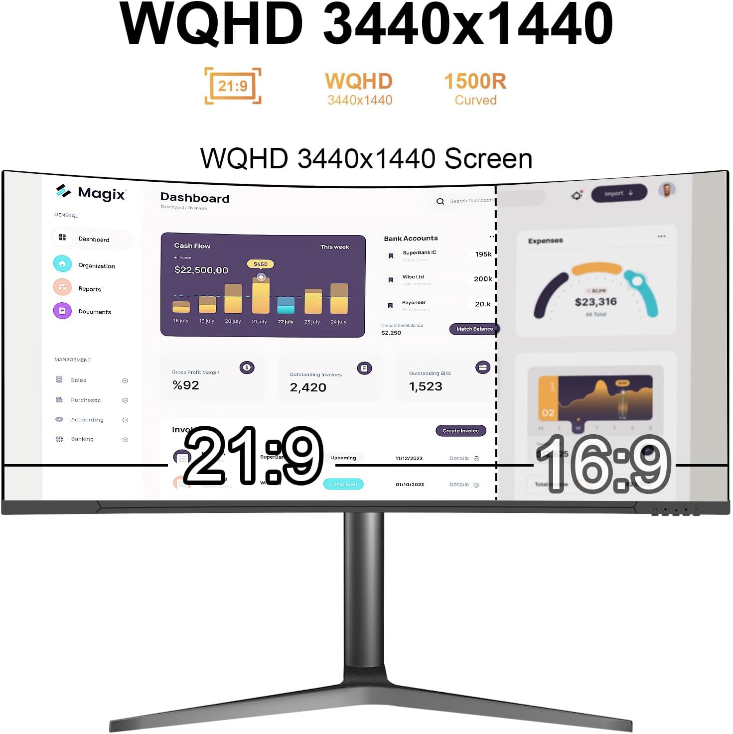 34" Curved WQHD 3440×1440 Gaming Monitor 165Hz 1ms 1500R HDR 10 100% sRGB PC Screen R153818