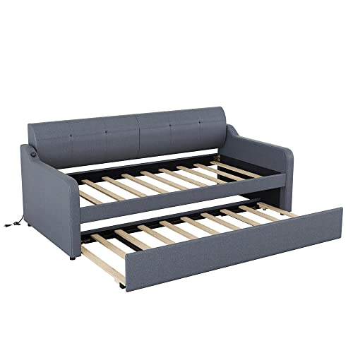 Twin Size Upholstered Wood Day Bed with Pop up Trundle (Grey) P372