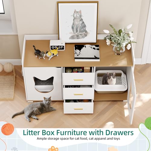 White Wooden Cat Litter Box Enclosure with Drawers, 55" L x 19.7" W x 31.5" H R3956