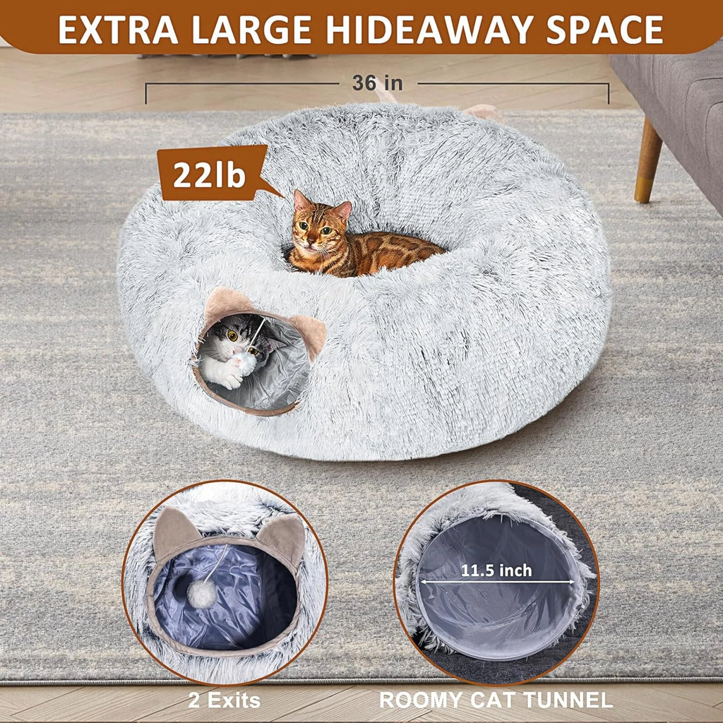Grey Plush Cat Tunnel with Cat Bed L163