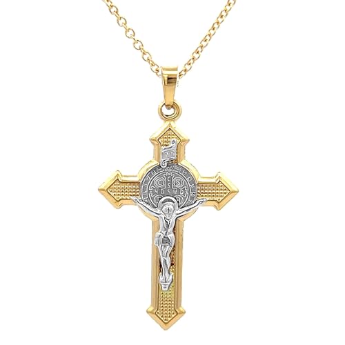 14k Two Tone Gold Saint Benedict Crucifix Cross Reversible Pendant L7991