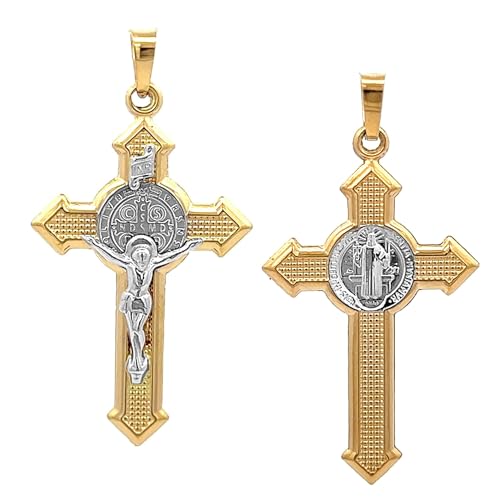 14k Two Tone Gold Saint Benedict Crucifix Cross Reversible Pendant L7991