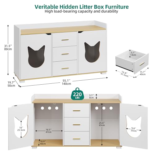 White Wooden Cat Litter Box Enclosure with Drawers, 55" L x 19.7" W x 31.5" H R3956
