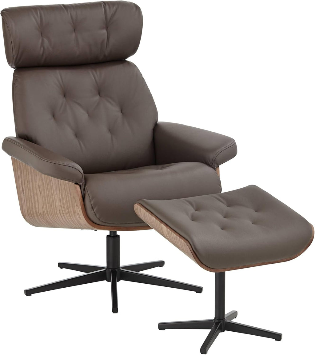 Chocolate Tufted Faux Leather Swivel Recliner and Slanted Ottoman R871