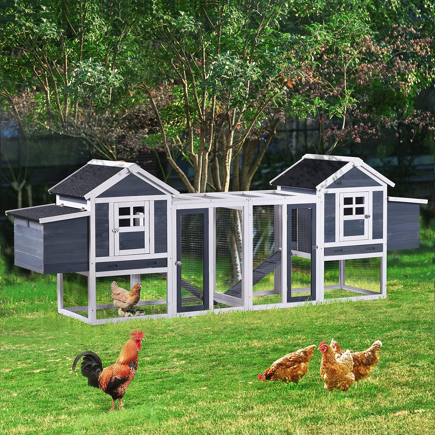 Chicken Coop Hen House Poultry Cage Wooden Rabbit Hutch Small Animal House with Nesting Boxes, 2 Run Play Area, Ramps, Waterproof Roof & Pull Out Tray J314