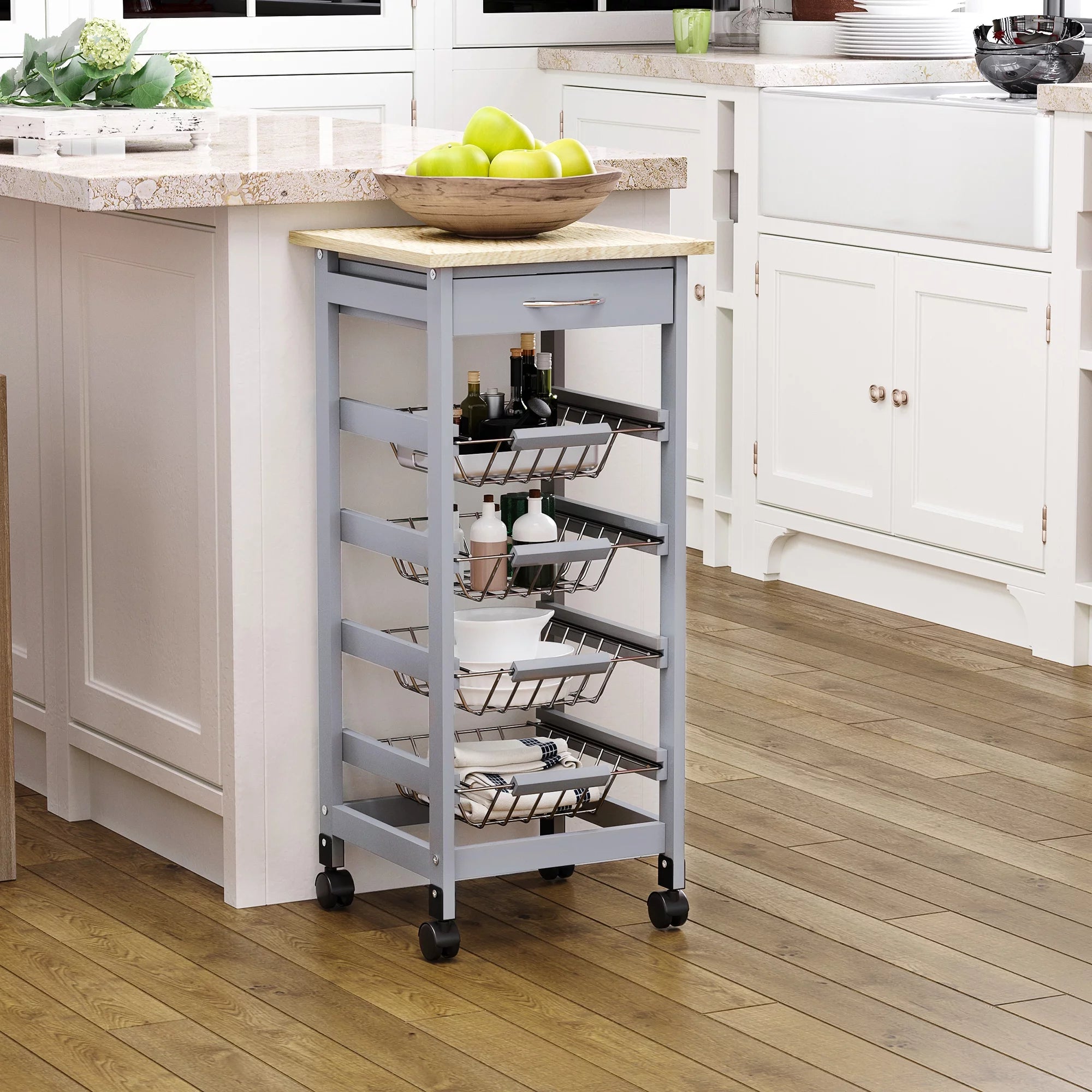 Gray Compact Rolling Kitchen Cart with Storage Drawer P636613