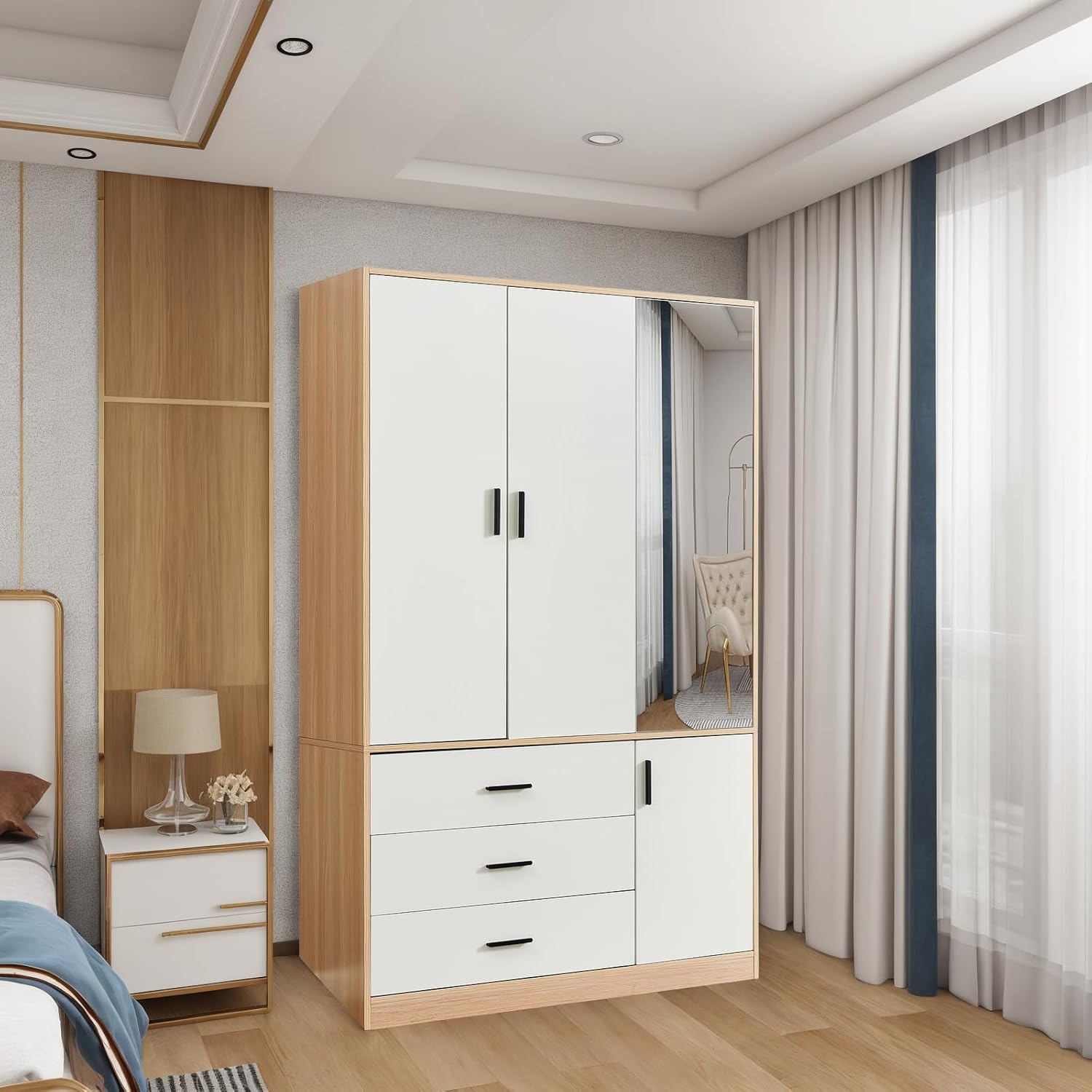 Wooden Wardrobe Closet with 3 Drawers and 2 Doors T7030