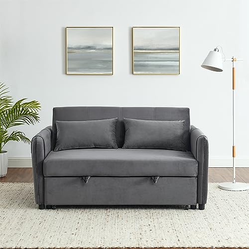 Grey Velvet Convertible Sofa Bed with Pull-out Bed H726479