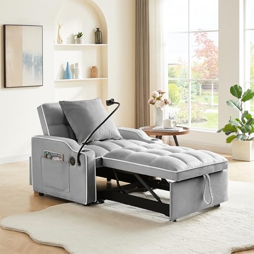 Grey Velvet Convertible Sleeper Sofa Chair Bed Z826