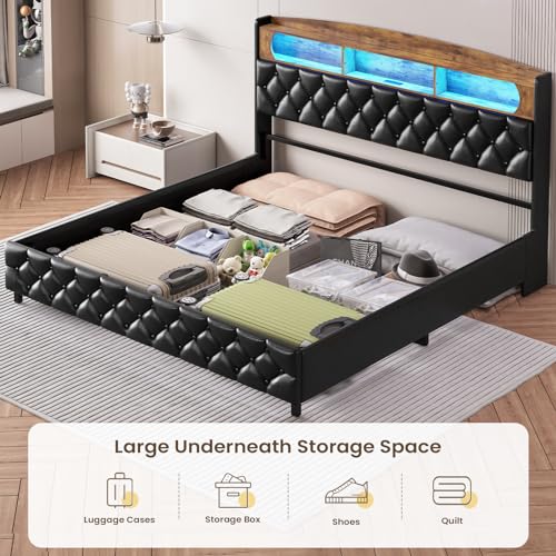 King Size Upholstered Storage Bed Frame with LED Lights A8668