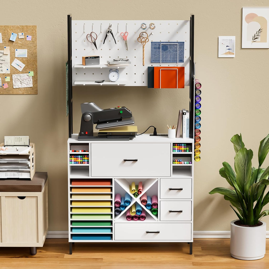 Craft Organizers and Storage Cabinet with Power Outlet, Pegboard, Vinyl Holders W54918