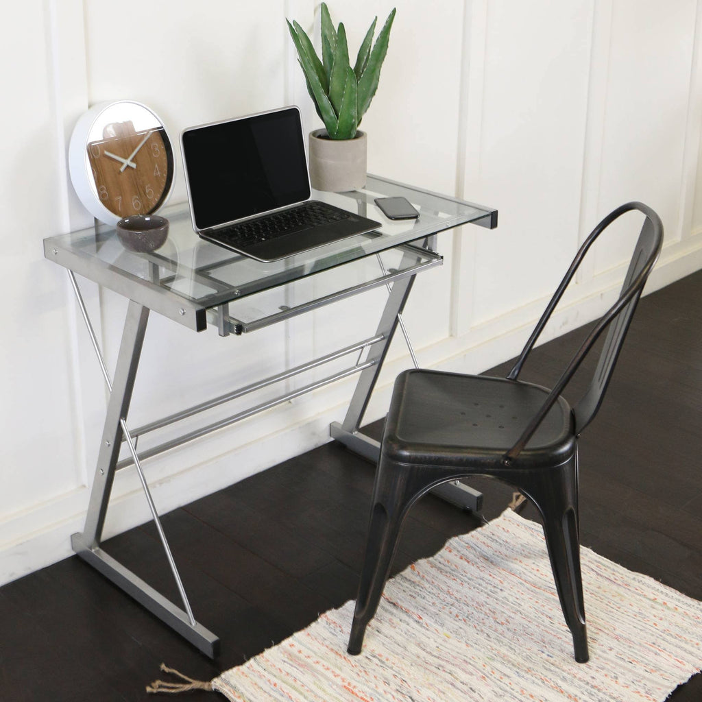 Silver Glass Computer Desk with Keyboard Tray Y614615