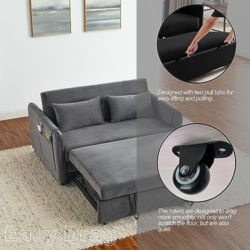 Grey Velvet Convertible Sofa Bed with Pull-out Bed H726479